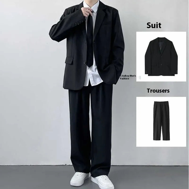 Men's plus size three-piece suit set in loose college style with white shirt and tie