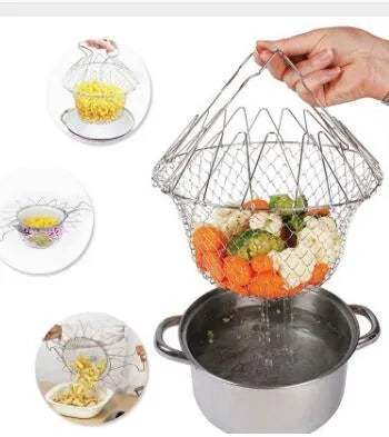 Stainless steel foldable deep fry basket with handle, 23cm size, on a kitchen counter