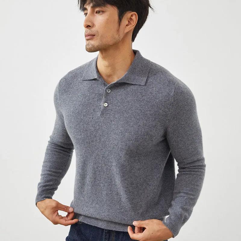 Men's cashmere polo collar pullover sweater in sapphire blue colour showing short sleeves and loose fit