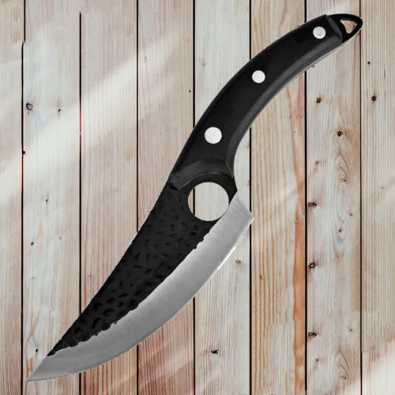 Forged 5CrMoV15 high carbon steel small scimitar boning knife with hammer pattern and black leather sheath