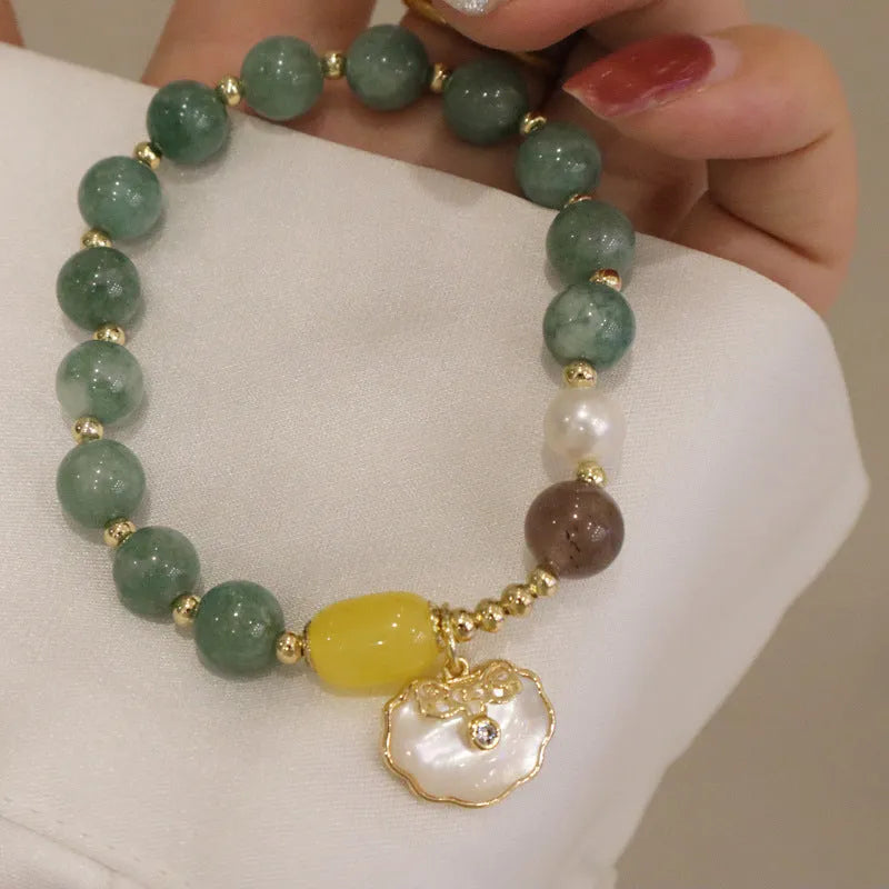 Natural green jade shell bracelet, casual women's jewellery with stone beads and pendant charm