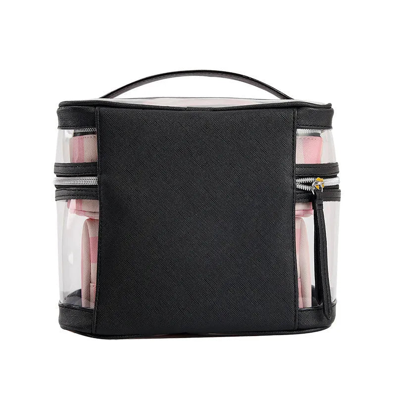 Pink bold stripes buggy bag makeup kit with floral pattern and synthetic leather waterproof design