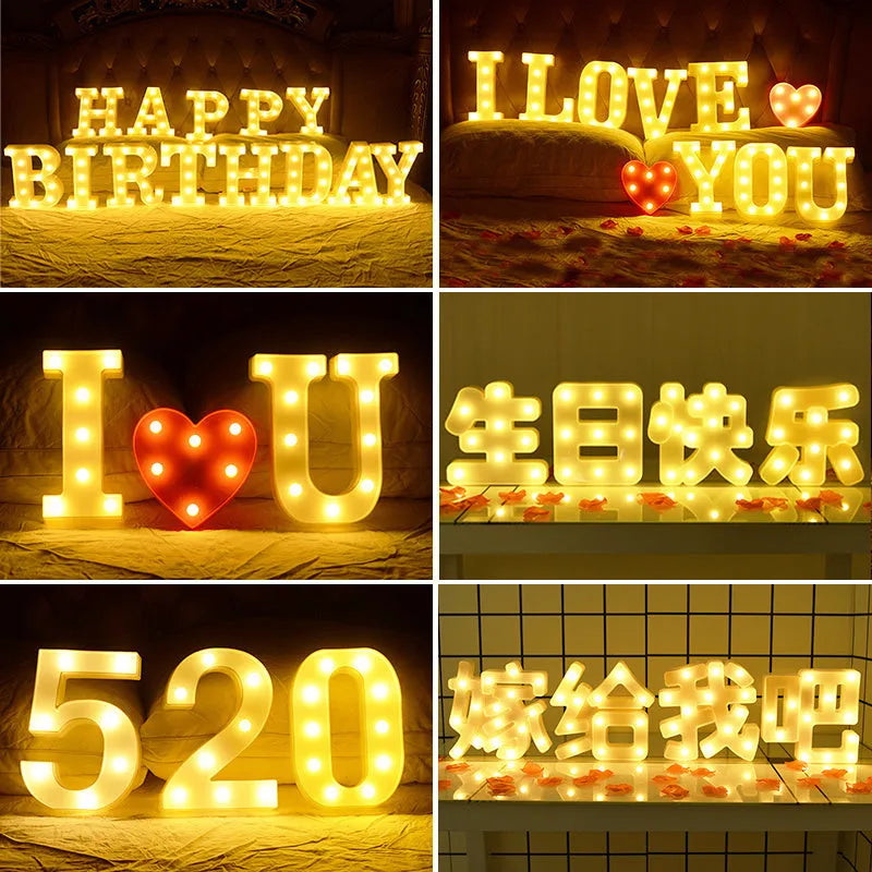 Set of plastic LED letter lights spelling out a message, each 22cm tall, for birthday or proposal decoration