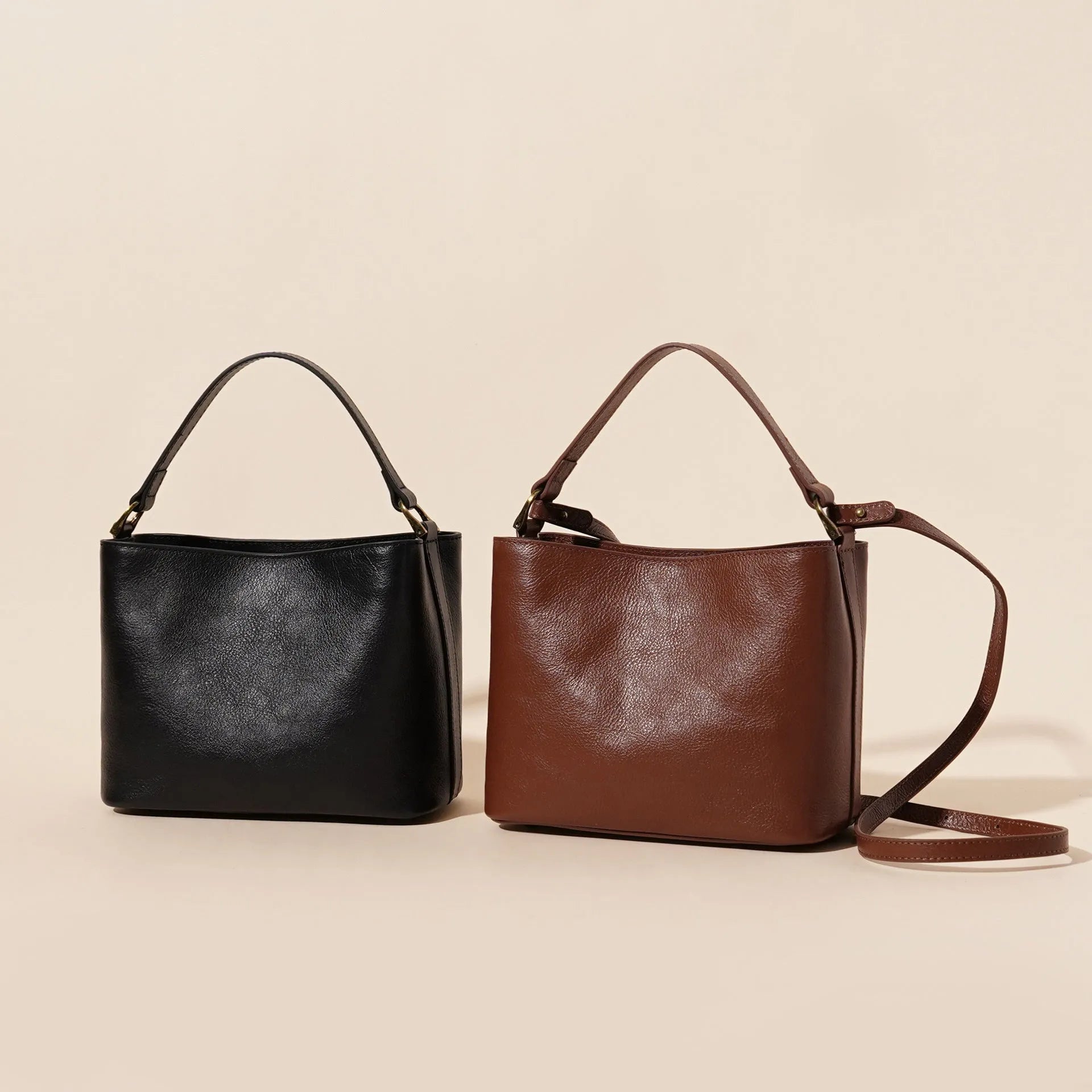 Genuine cowhide leather shoulder handbag sugar brown square vertical shape with sewing thread details on front