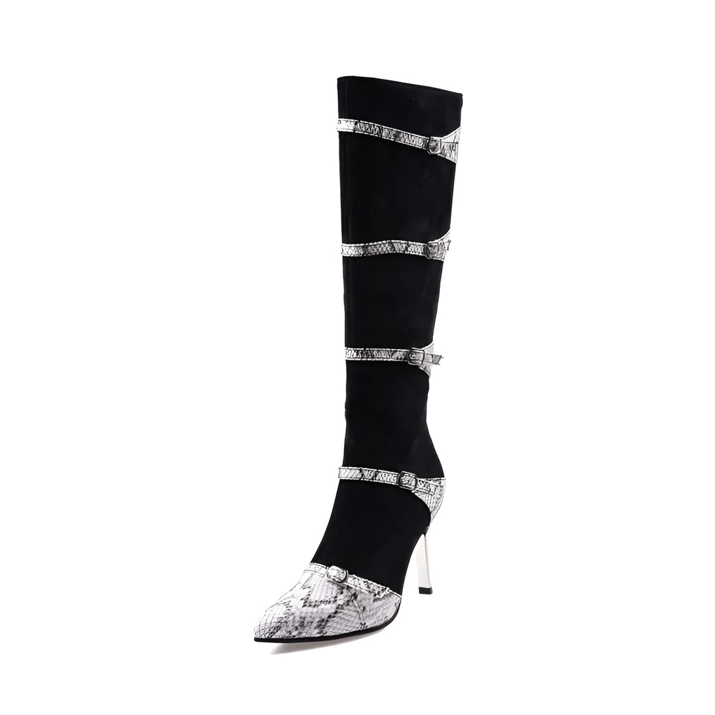 Women's grey knee-high boots with stiletto heels showing shaft height and PU leather texture