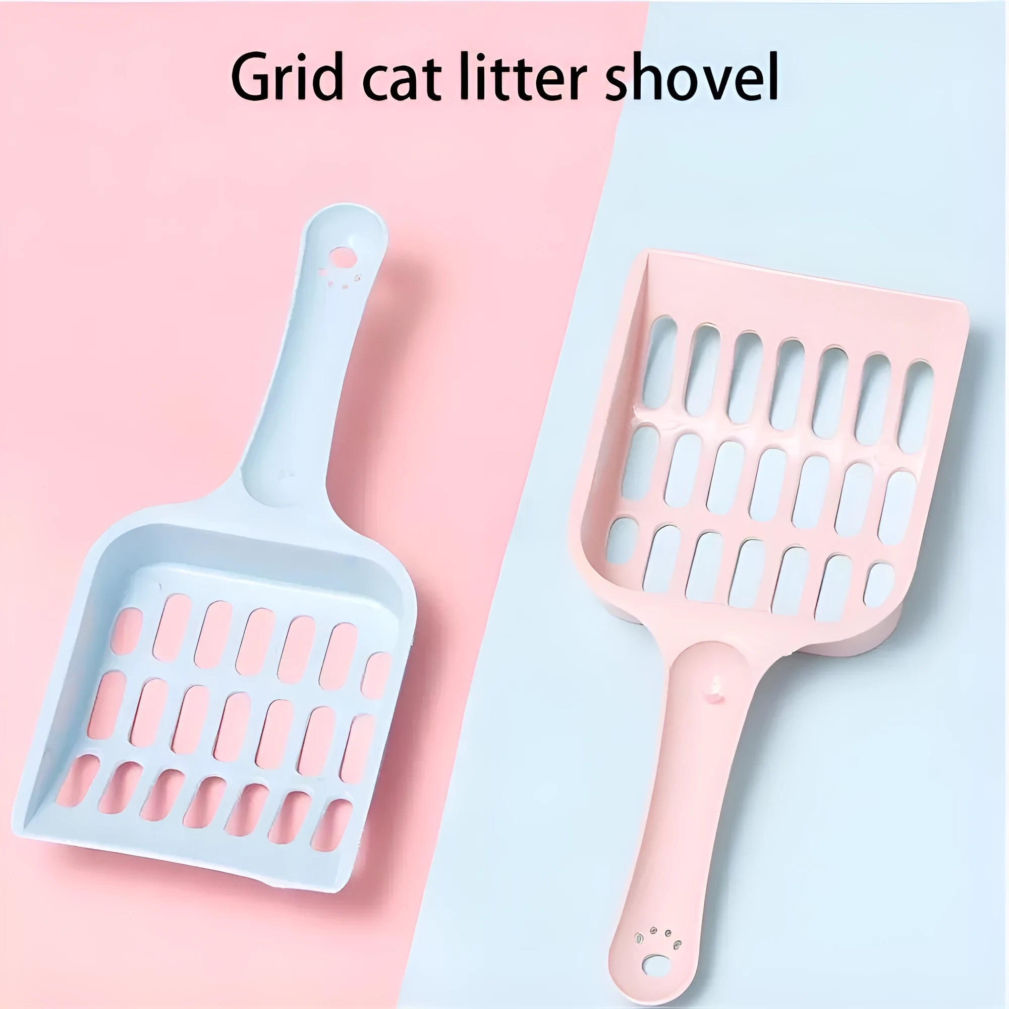Plastic cat litter scoop in blue colour showing 20cm length for litter box cleaning