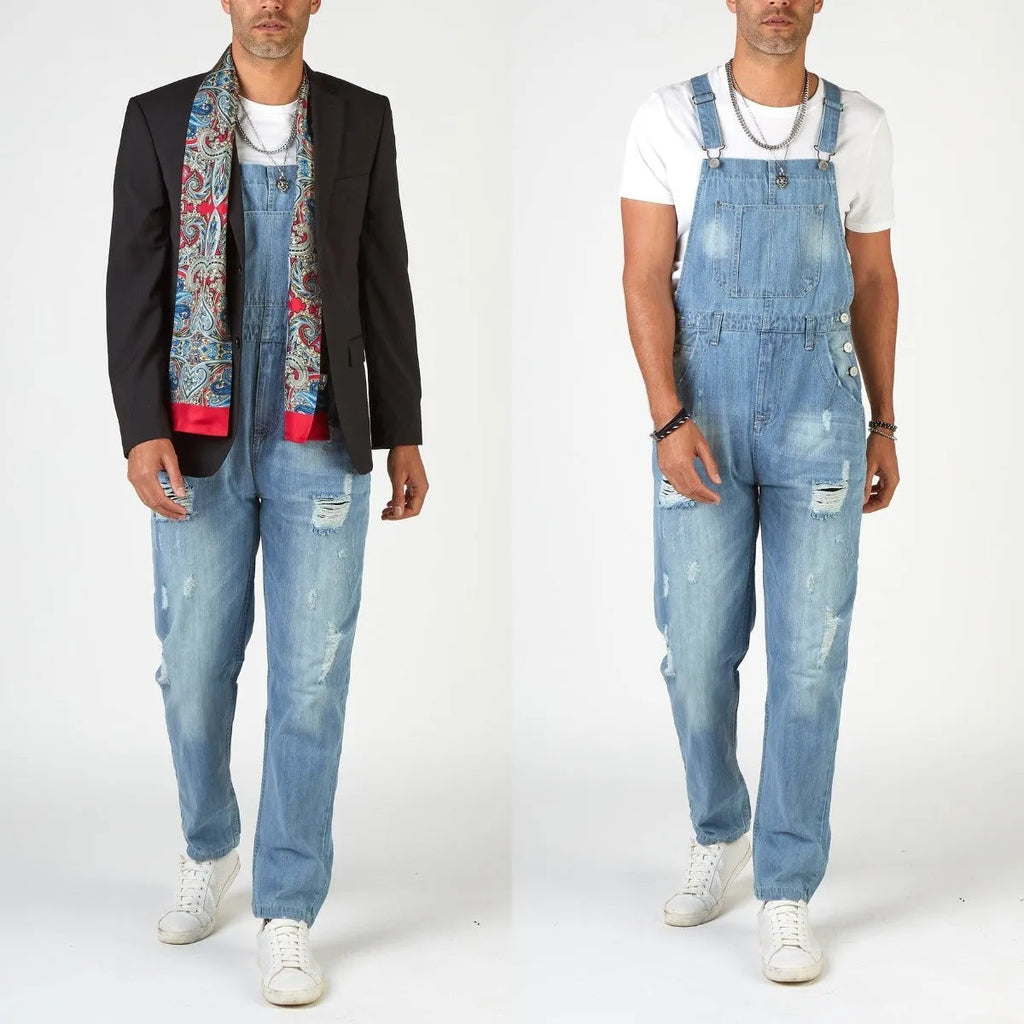 Men's light blue ripped high waist suspender jeans with button fly