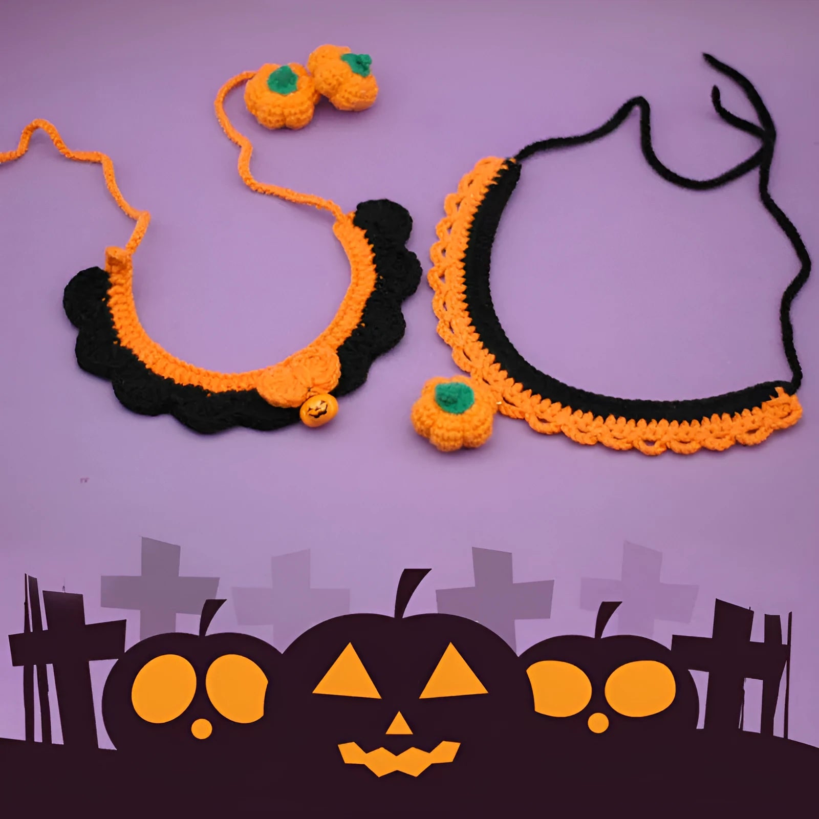 Hand crocheted wool pet collar in Bell Pumpkin style on a cat, adjustable size, Halloween accessory