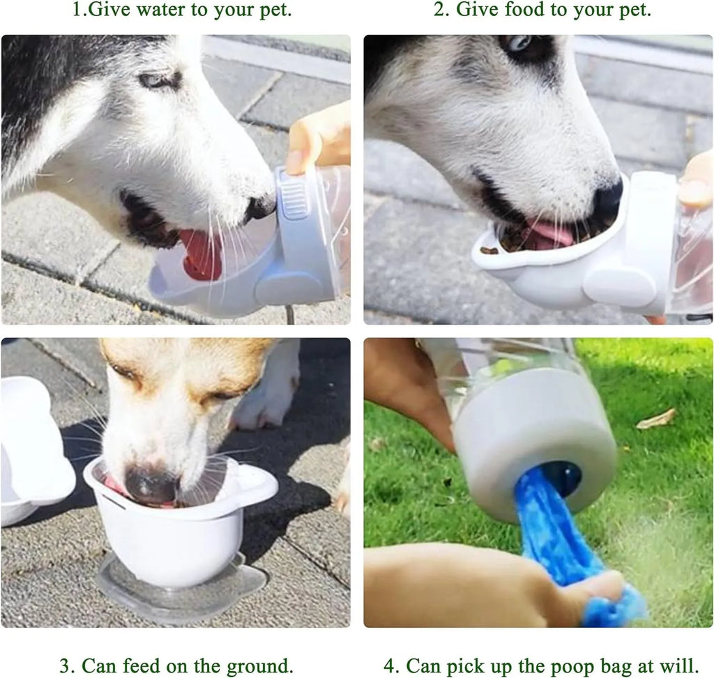 Green 3-in-1 portable pet water bottle with strap, showing water bowl, food container, and bag dispenser.