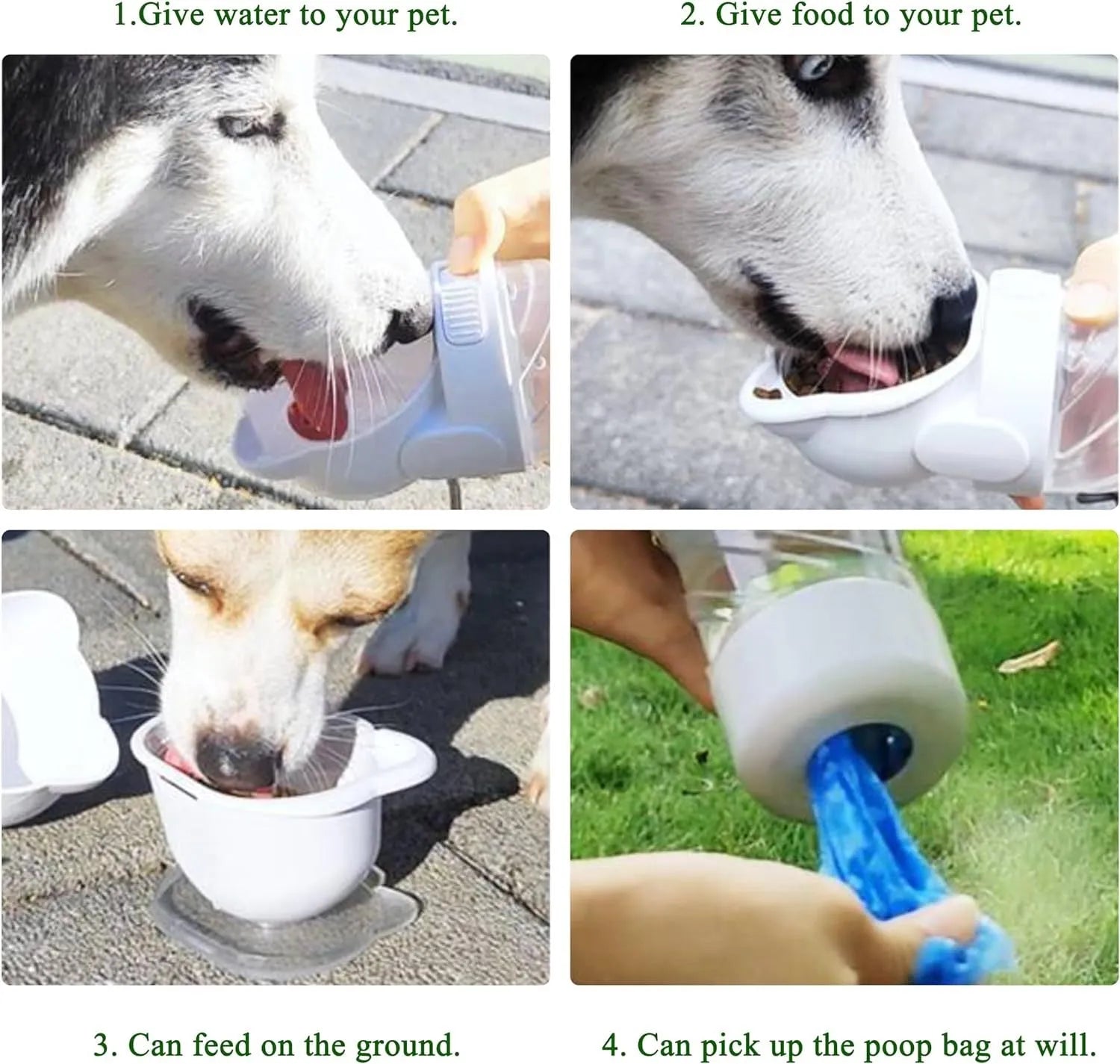 Green 3-in-1 portable pet water bottle with strap, showing water bowl, food container, and bag dispenser.