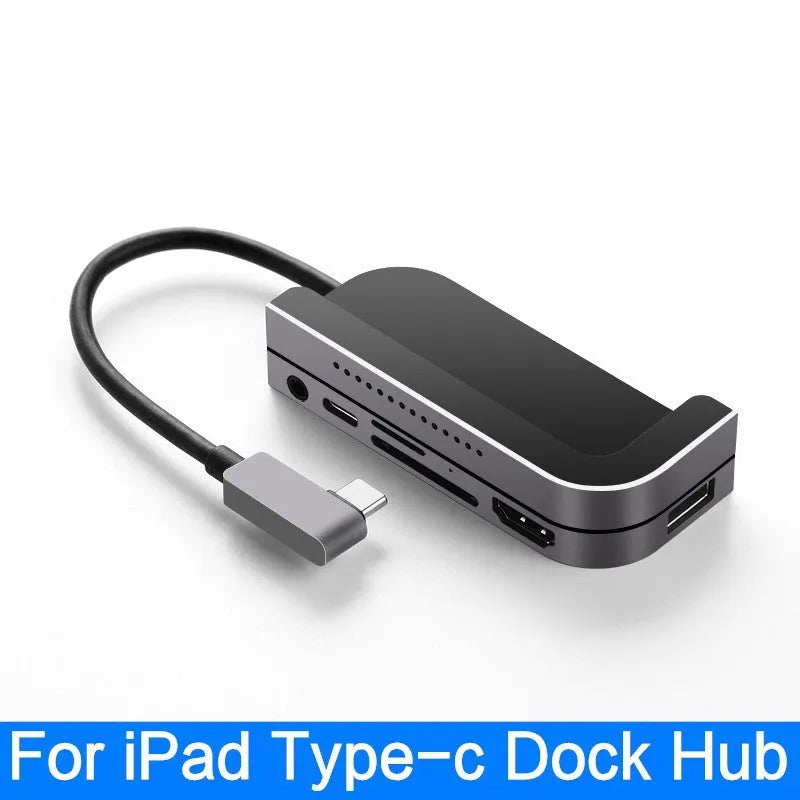 Silver aluminium grey USB-C 6-in-1 docking station for iPad Pro with HDMI and USB ports