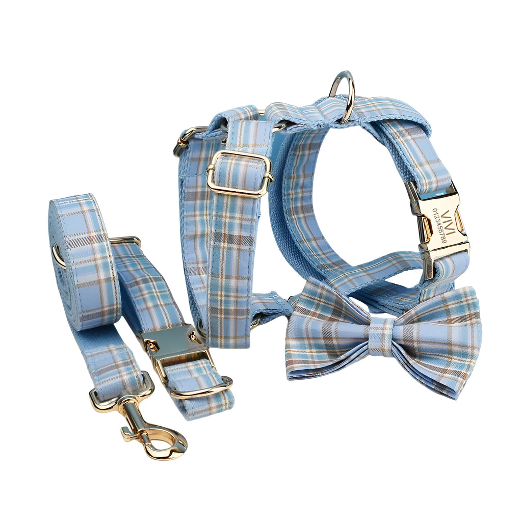 Sky blue grid forest dog collar and leash set with bow and vest on cloth material