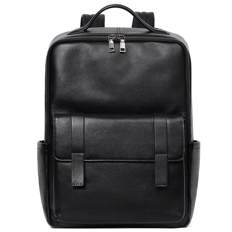 Men's black genuine leather laptop backpack with woven detail and large 36-55L capacity.