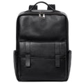 Men's black genuine leather laptop backpack with woven detail and large 36-55L capacity.
