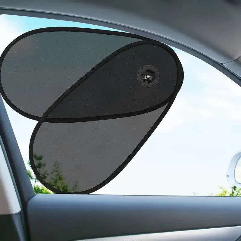 Black adjustable car side window shades with suction cups stretched over car window