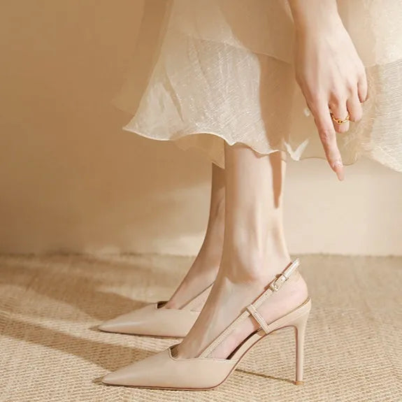 Women's one-line buckle toe high-heeled sandals in apricot with rubber sole and thin belt buckle detail