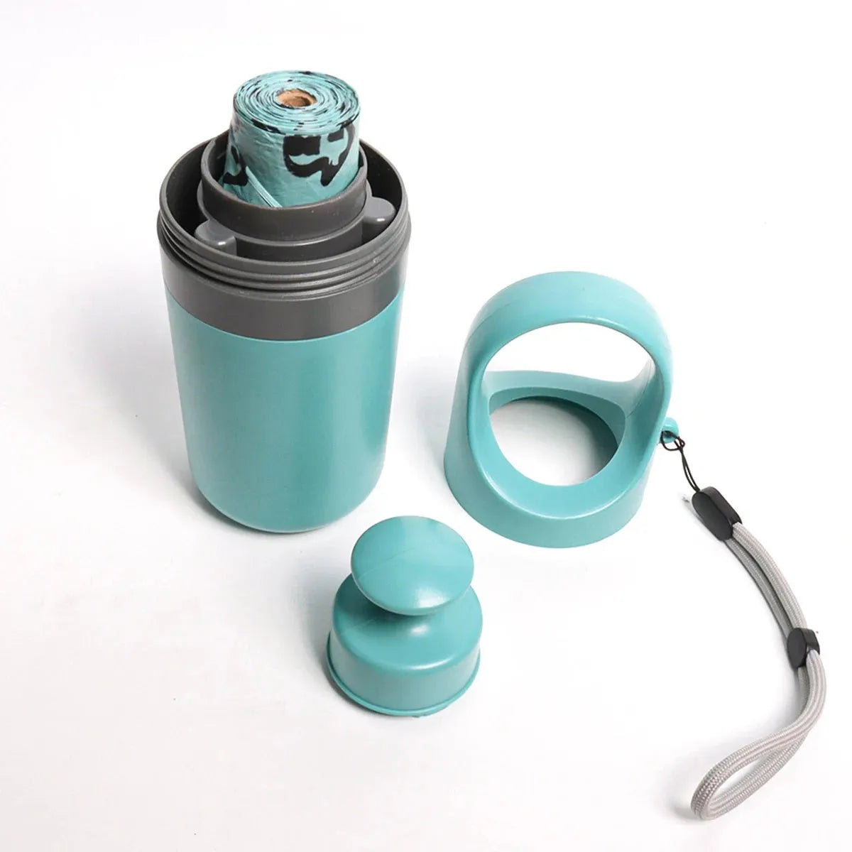 Portable dog pooper scooper with claw scoop and built-in garbage bag dispenser in blue colour