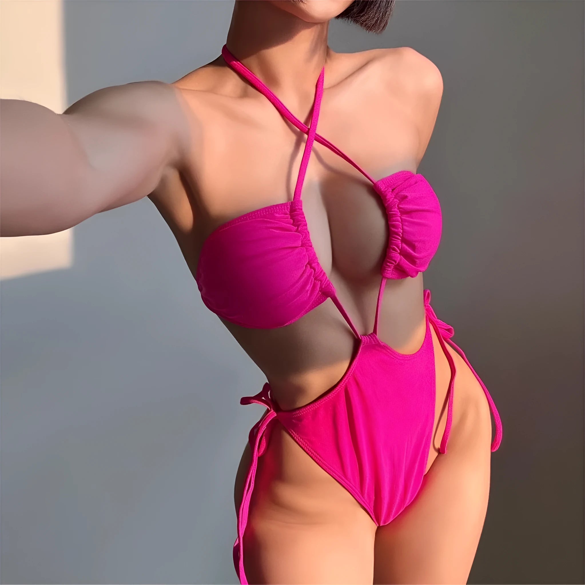 Women's fashion drawstring one-piece nylon swimsuit in solid black, briefs style, front view