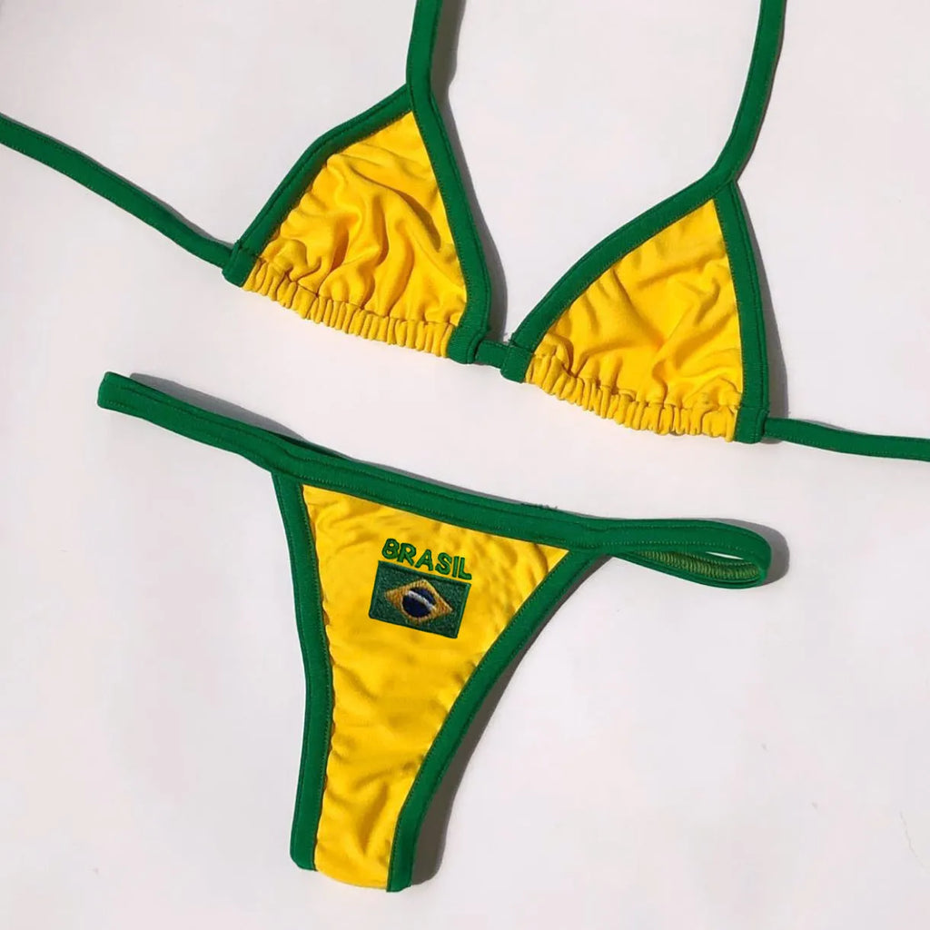 Women's yellow polyester bikini set with T-back bra and shorts-length panties