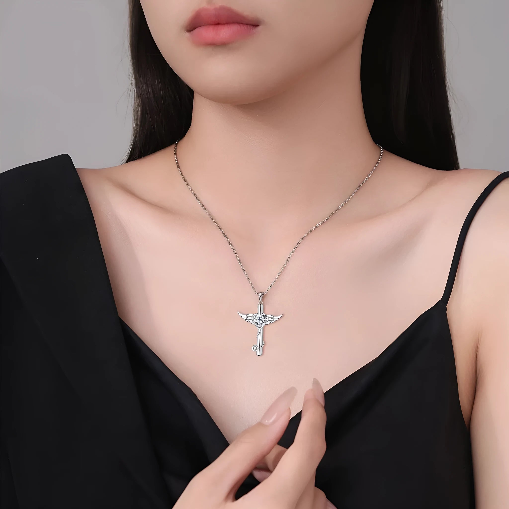 Copper stethoscope necklace with wings pendant in red diamond or white diamond finish for women