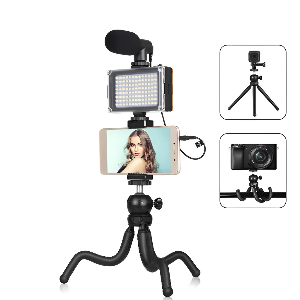 Black flexible octopus tripod with fill light and microphone for live broadcasting