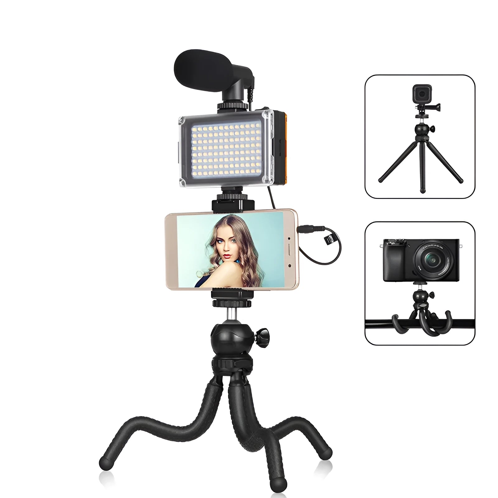 Black flexible octopus tripod with fill light and microphone for live broadcasting