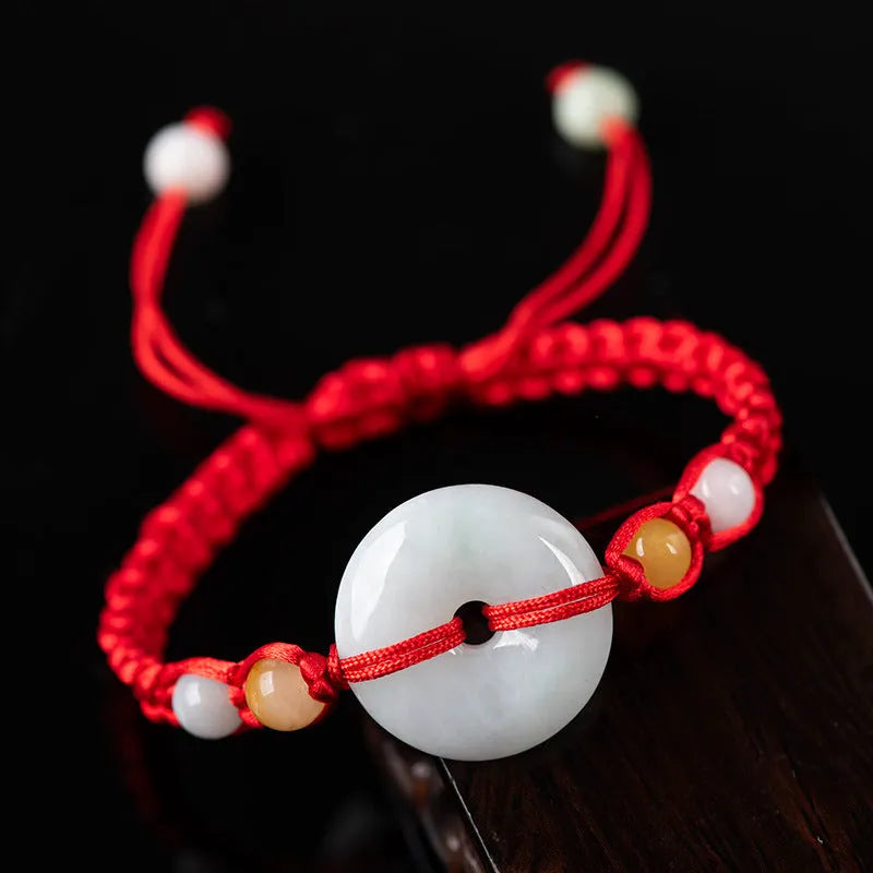 Emerald round jade pendant on adjustable red rope bracelet with certificate
