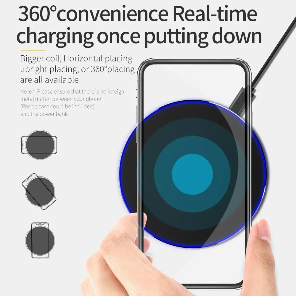 Black ultra-thin wireless fast charging base measuring 98mm square with 6.5mm thickness