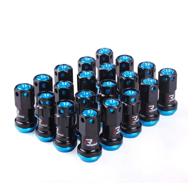 Set of aluminium alloy flat head wheel nuts in various colours including black, blue, gold, red, and purple.