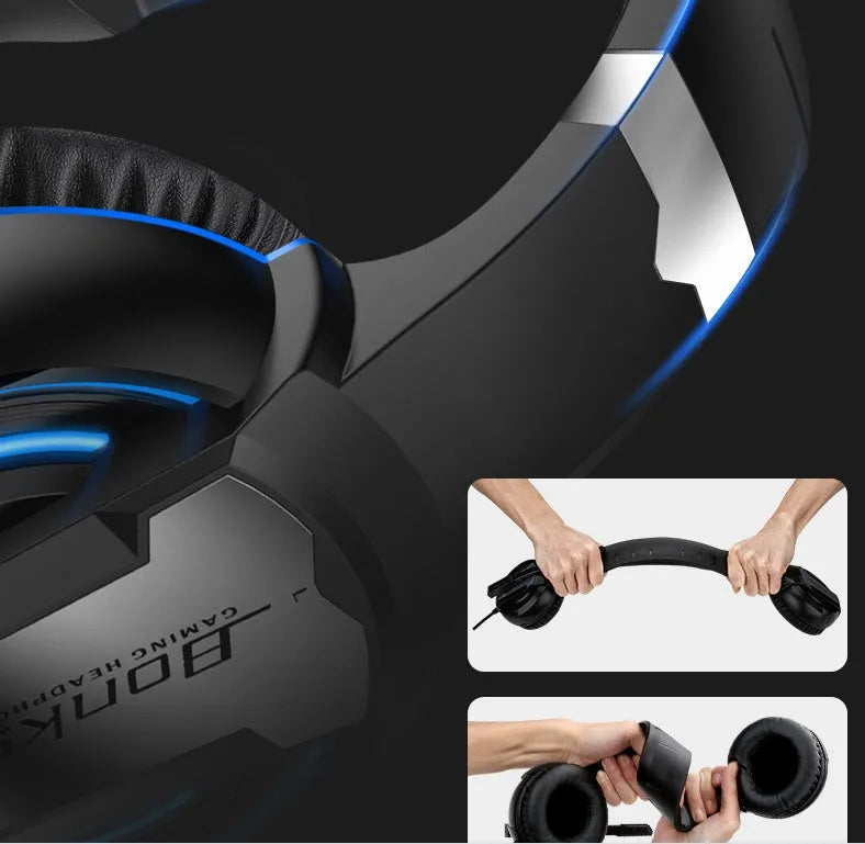 Wired gaming headset with microphone, over-ear design, available in Blue or Red, with 3.5mm plug