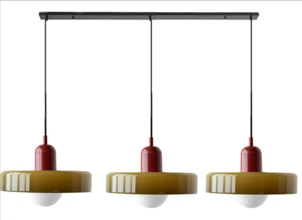 Retro simple restaurant chandelier with three glass shades on iron frame, wine red and tea green colour option
