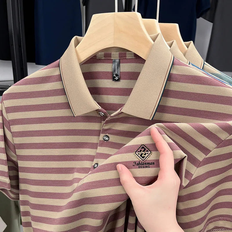 Men's striped short sleeve casual shirt with mosaic pattern in polyester fabric