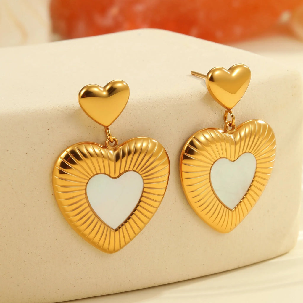 Heart-shaped fritillary earrings with stainless steel construction and 18K gold electroplated finish