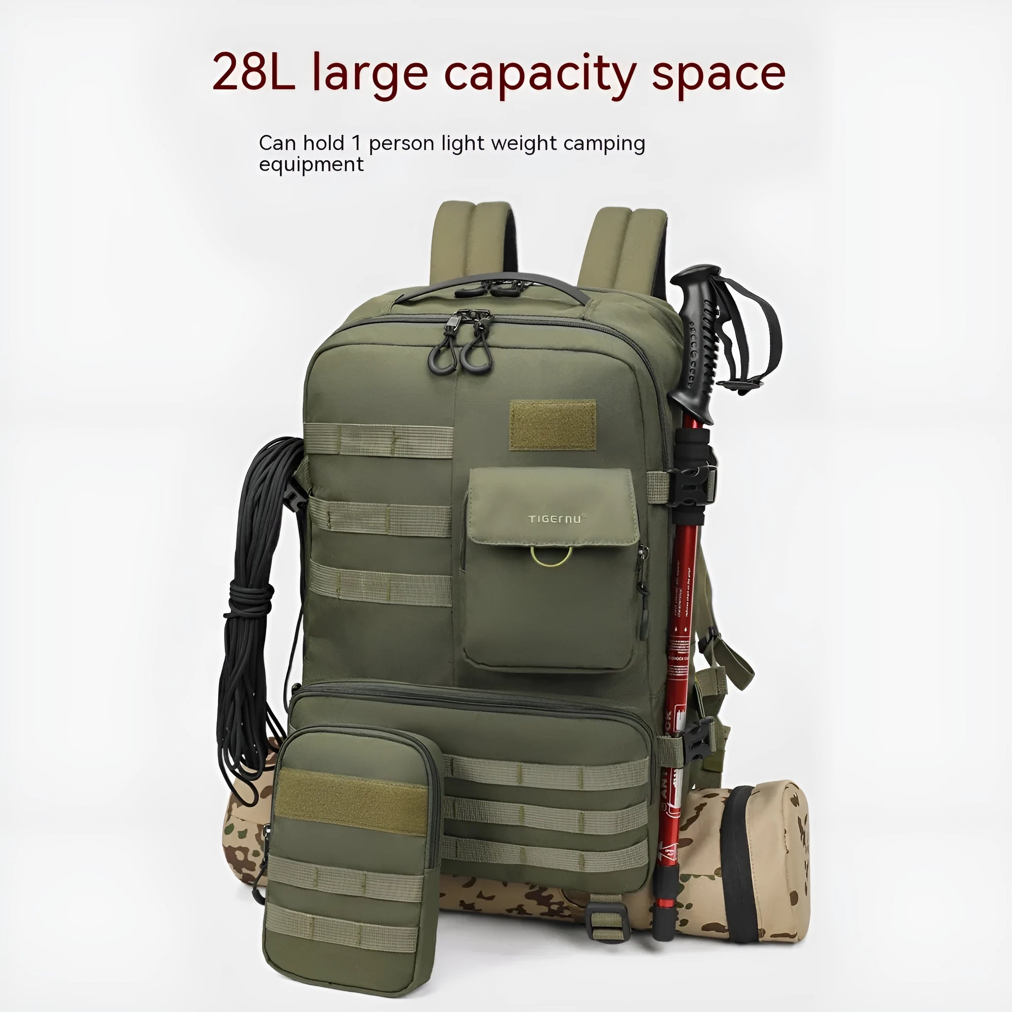 Army green waterproof tactical backpack with 17-inch size and 20-35 litre capacity