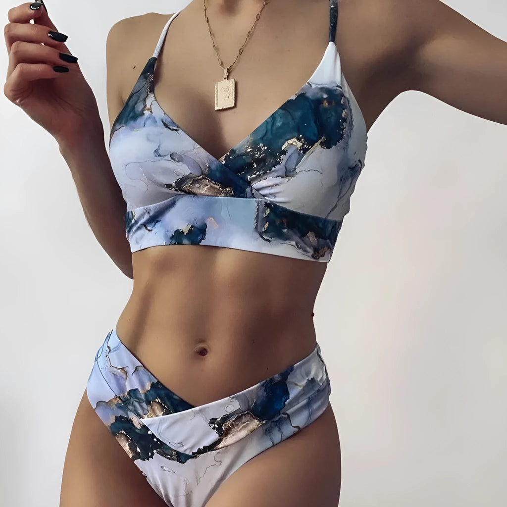 Women's marble tie-dye high-waist bikini swimsuit with U-neck top