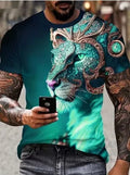 Men's black T-shirt with detailed 3D fierce lion graphic print on chest