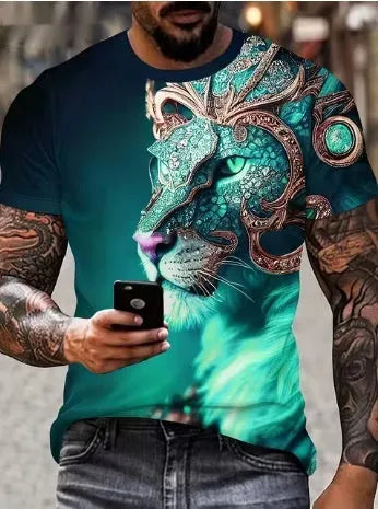 Men's black T-shirt with detailed 3D fierce lion graphic print on chest