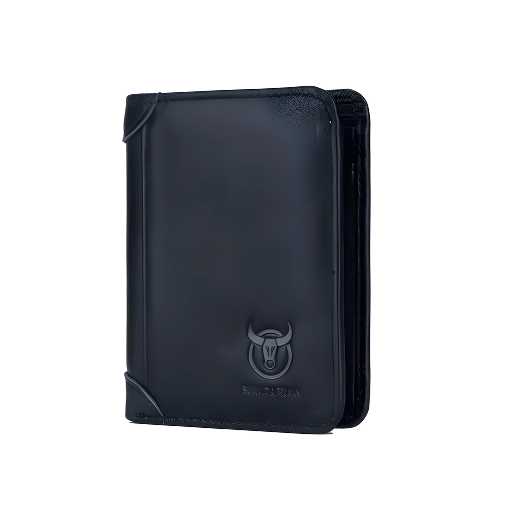 Men's plain leather bifold wallet open showing card slots, bill holder, photo slot and secret compartment