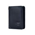 Men's plain leather bifold wallet open showing card slots, bill holder, photo slot and secret compartment