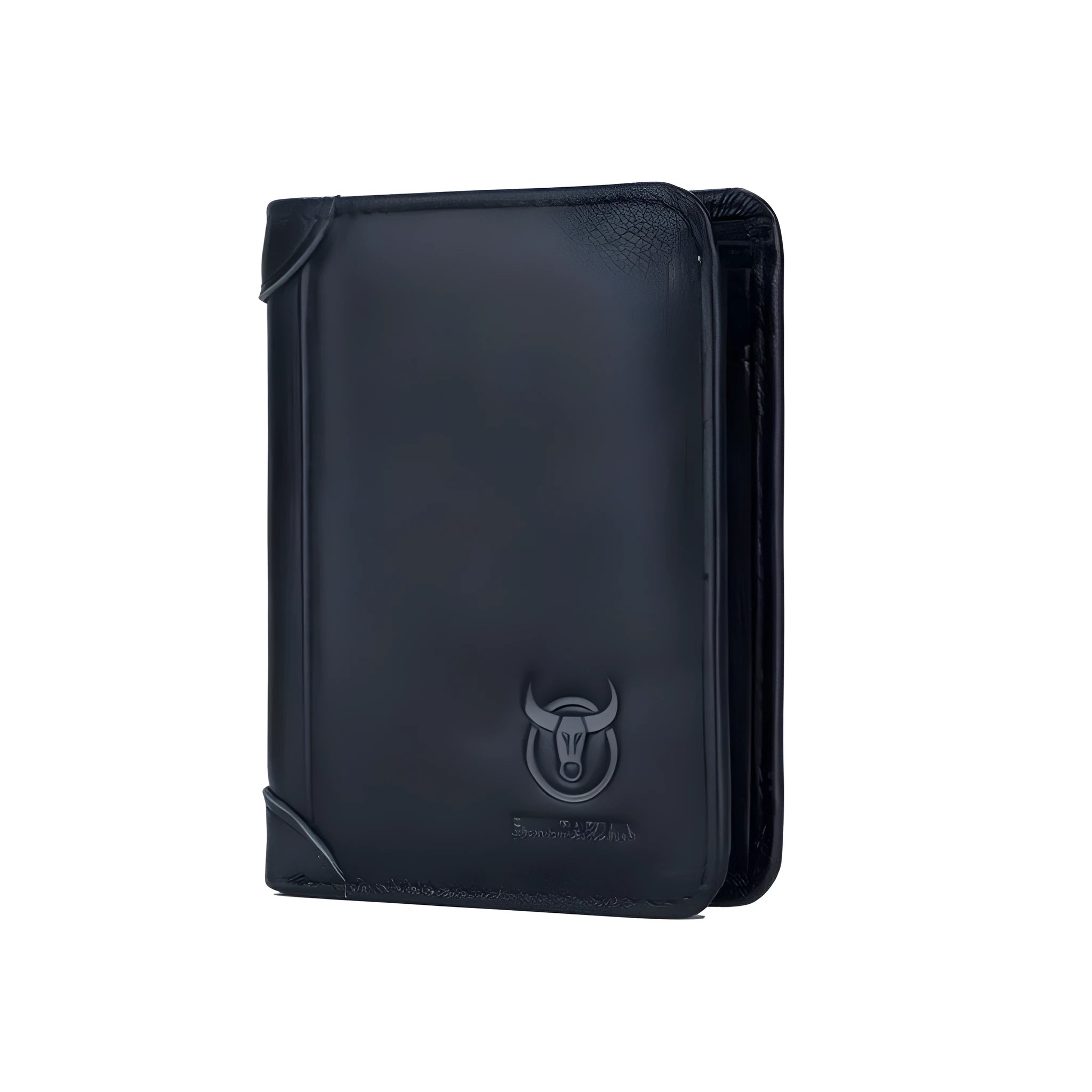 Men's plain leather bifold wallet open showing card slots, bill holder, photo slot and secret compartment