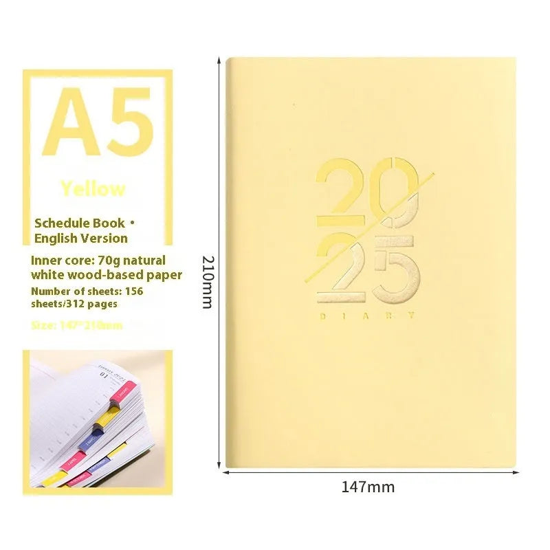 2025 A5 daily plan schedule book with soft faux leather cover in blue, pink, yellow, purple and green