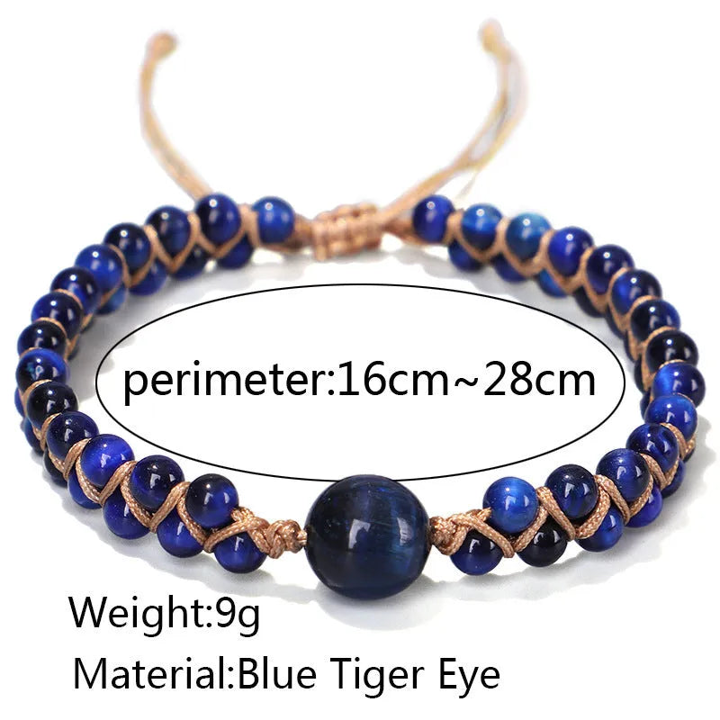 Hand-woven Tigereye gemstone pull bracelet showing geometric pattern and natural stone texture
