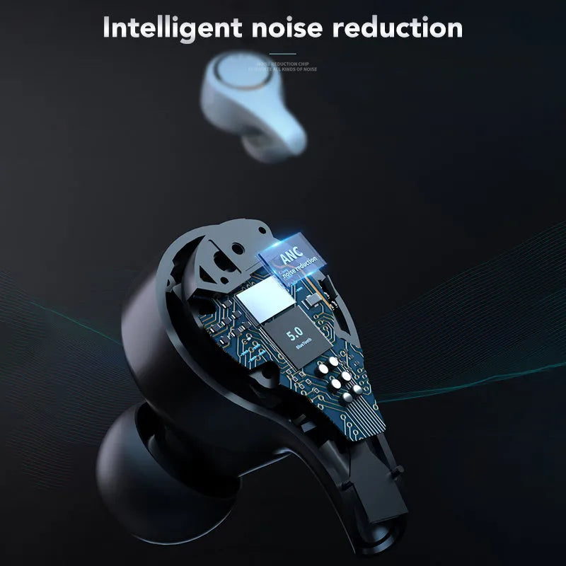 Wireless ANC active noise cancelling Bluetooth headset in black with earplug design and charging case