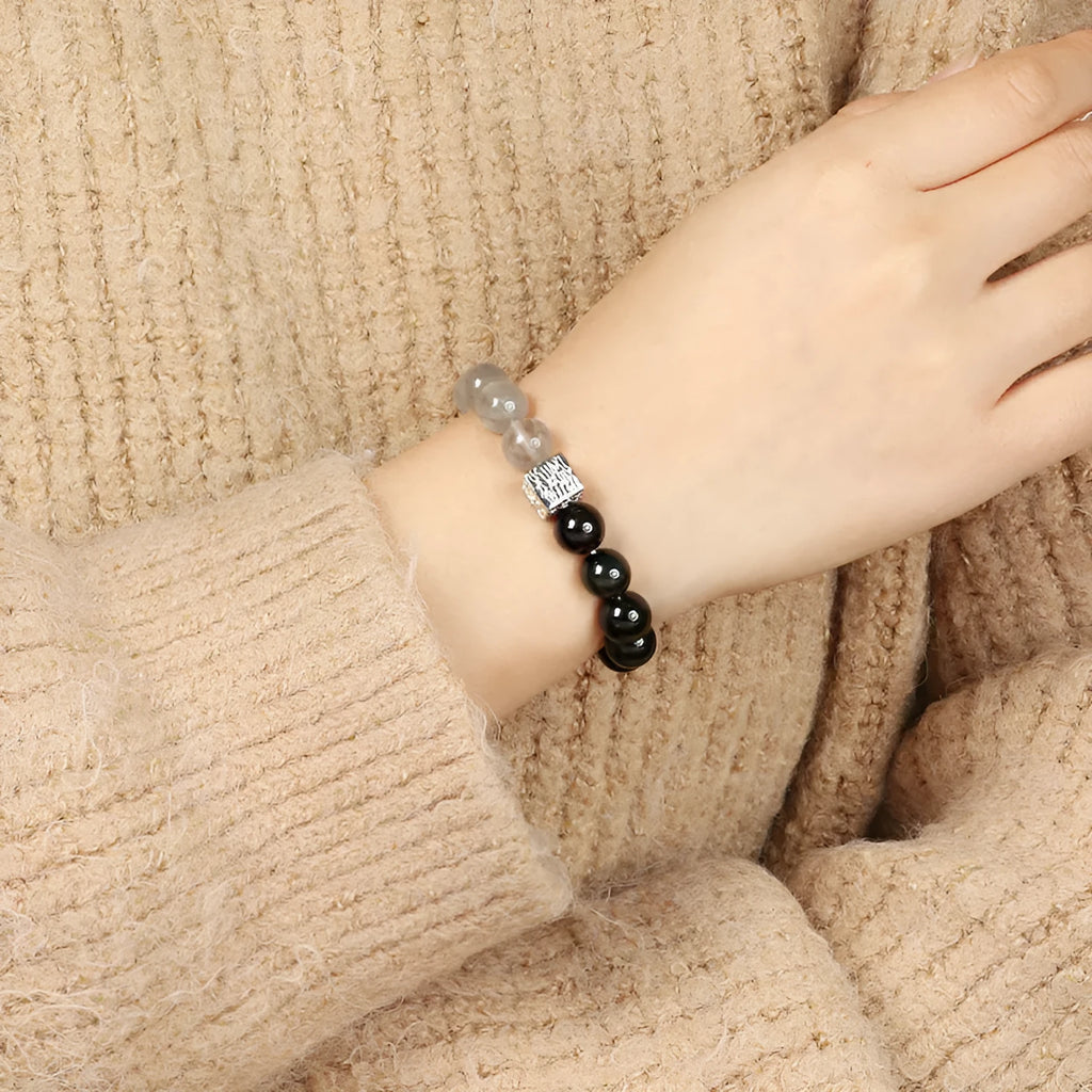 Chinese style couple crystal bracelet with 10mm geometry shape in khaki colour variations