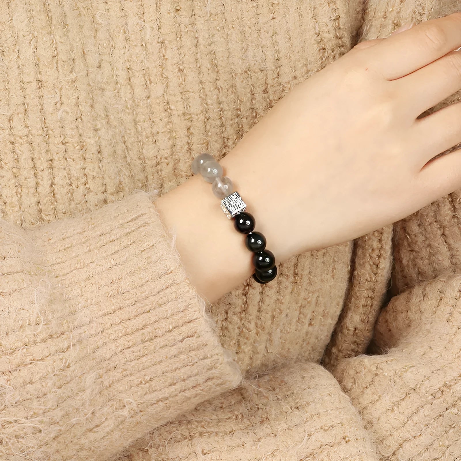 Chinese style couple crystal bracelet with 10mm geometry shape in khaki colour variations