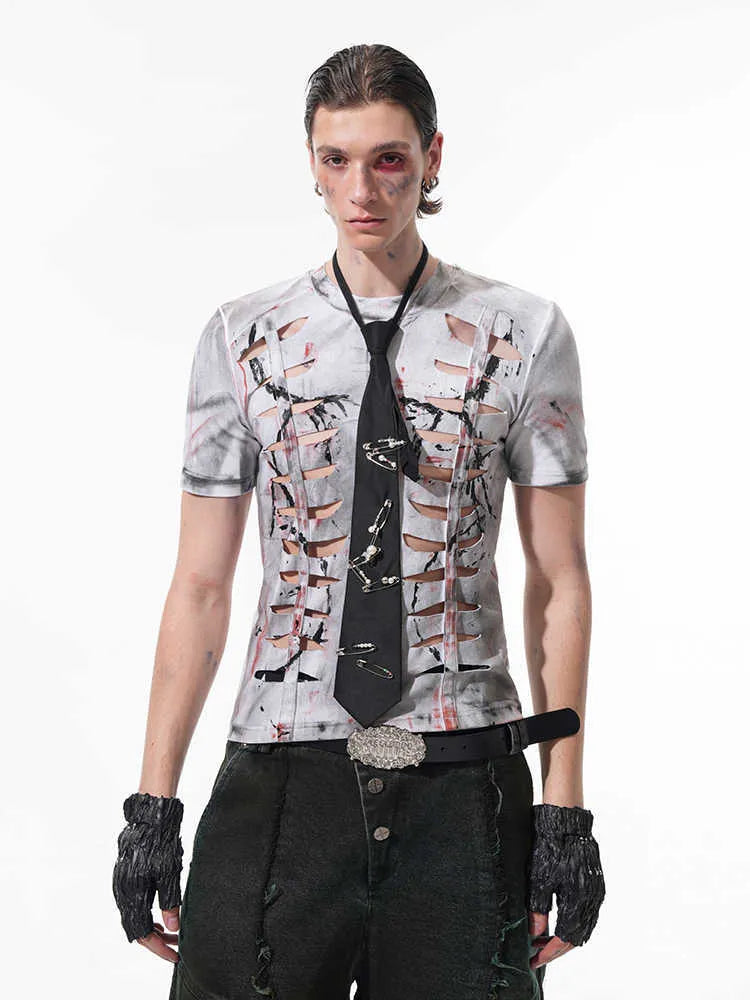 Men's white cut hollow-out tight short T-shirt with stretch short sleeves and round neck on a person