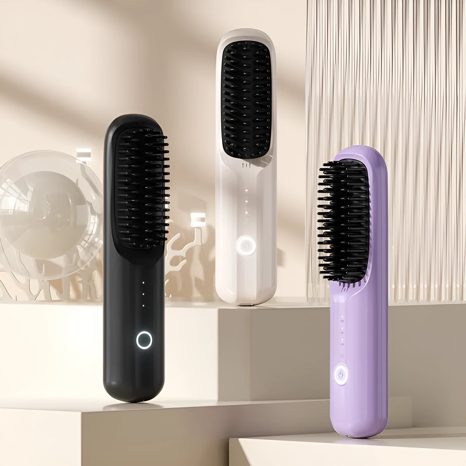 Wireless anion straight comb in beige colour with Type-C charging port