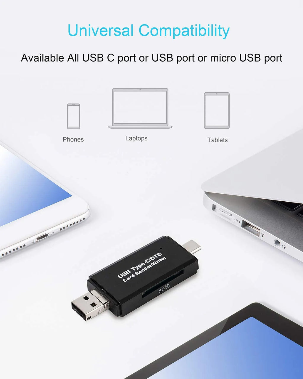 Black USB 3.0 card reader model 320 for SD and TF memory cards with Type-C plug