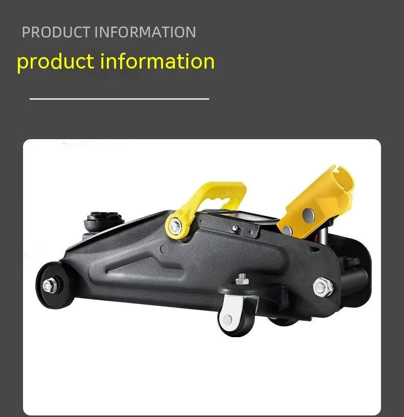 Horizontal low-profile hydraulic car jack with handle and compression member for tyre changes