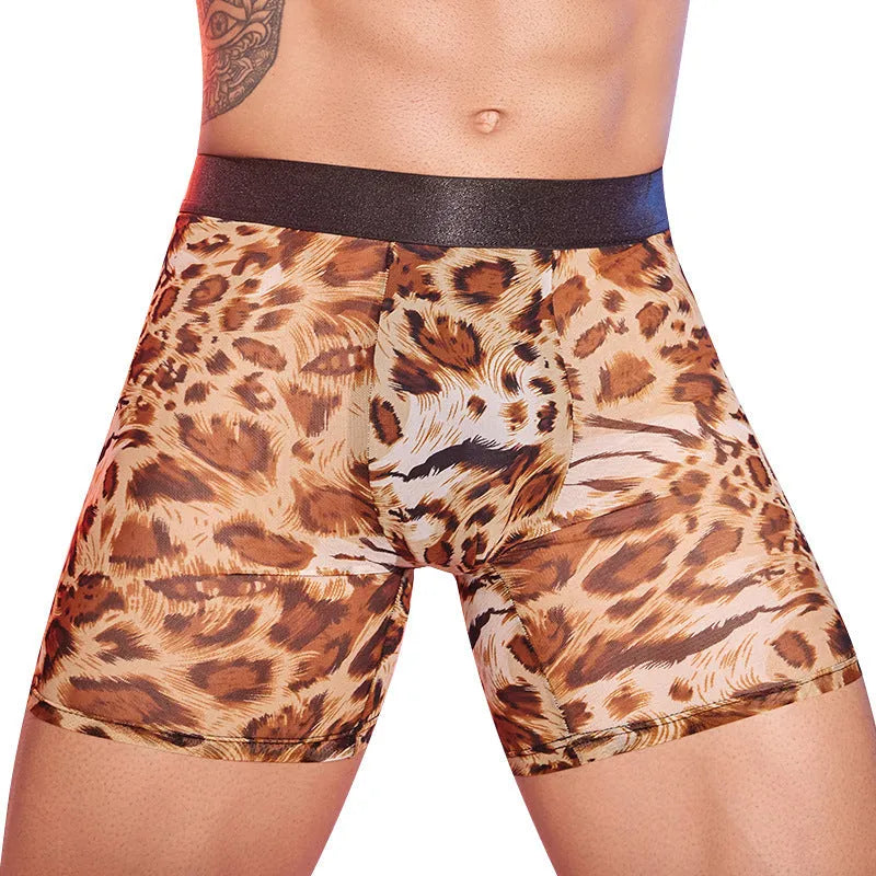 Men's leopard print boxer shorts showing the full pattern on free size nylon underwear